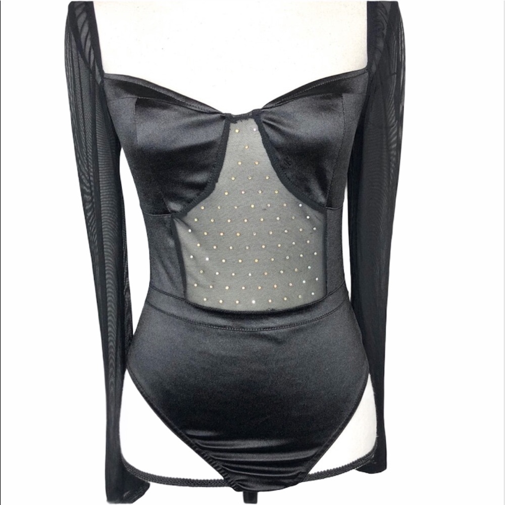 NWT SATIN MESH DIAMANTÉ BLACK NAANAA BODYSUIT